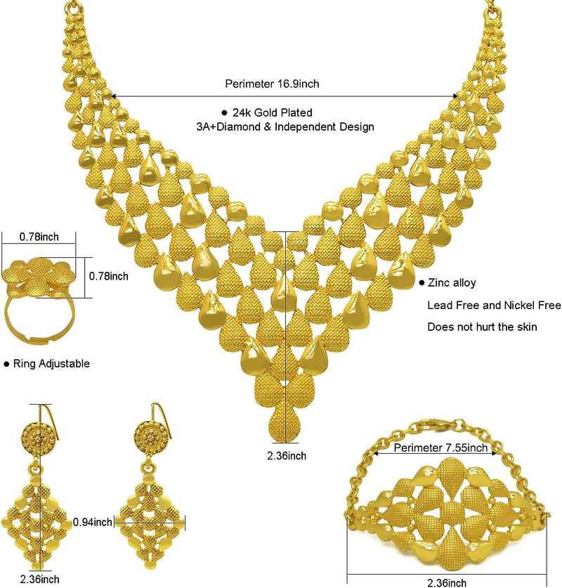 Conjunto de colar de joias femininas indianas em Dubai noiva africana casamento formatura moda joias 24K banhado a ouro colar pulseiras anéis brincos conjunto de 4 peças