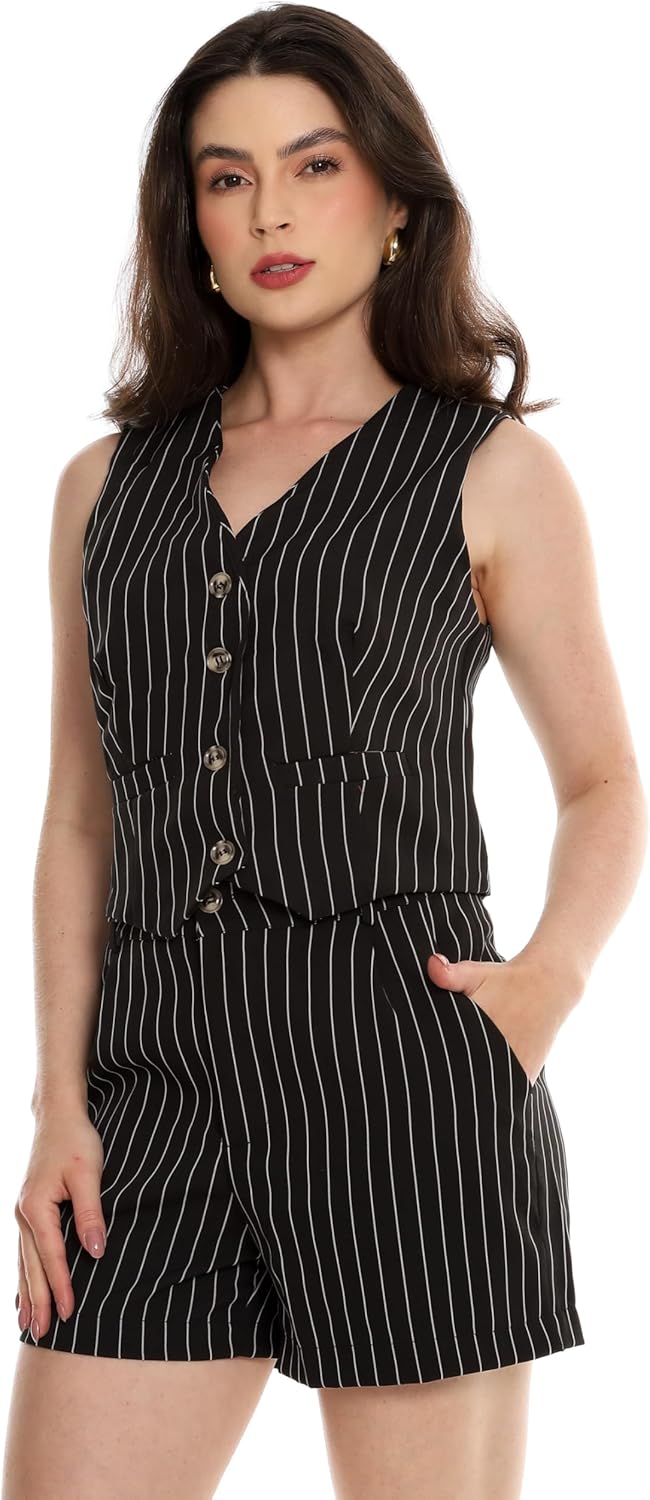 Conjunto Feminino Alfaiataria Listrado – Short e Colete com Botões Con-0068 Look Social Estiloso e Versátil