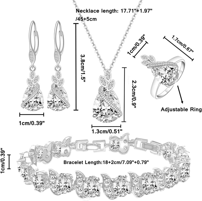 LMXXVJ Conjunto de joias para mulheres, colar de zircônia cúbica em gota, brincos, anel ajustável, conjunto de joias, joias formais, presente