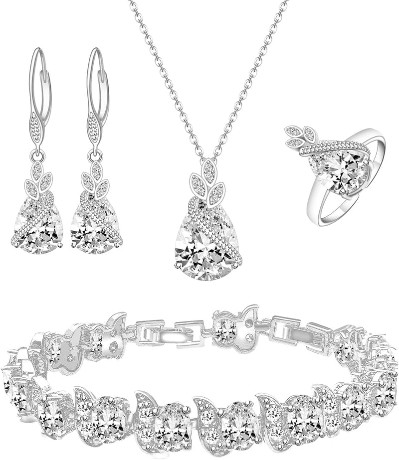 LMXXVJ Conjunto de joias para mulheres, colar de zircônia cúbica em gota, brincos, anel ajustável, conjunto de joias, joias formais, presente