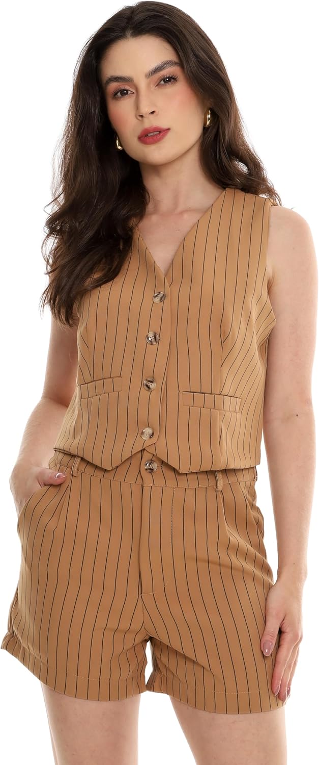 Conjunto Feminino Alfaiataria Listrado – Short e Colete com Botões Con-0068 Look Social Estiloso e Versátil