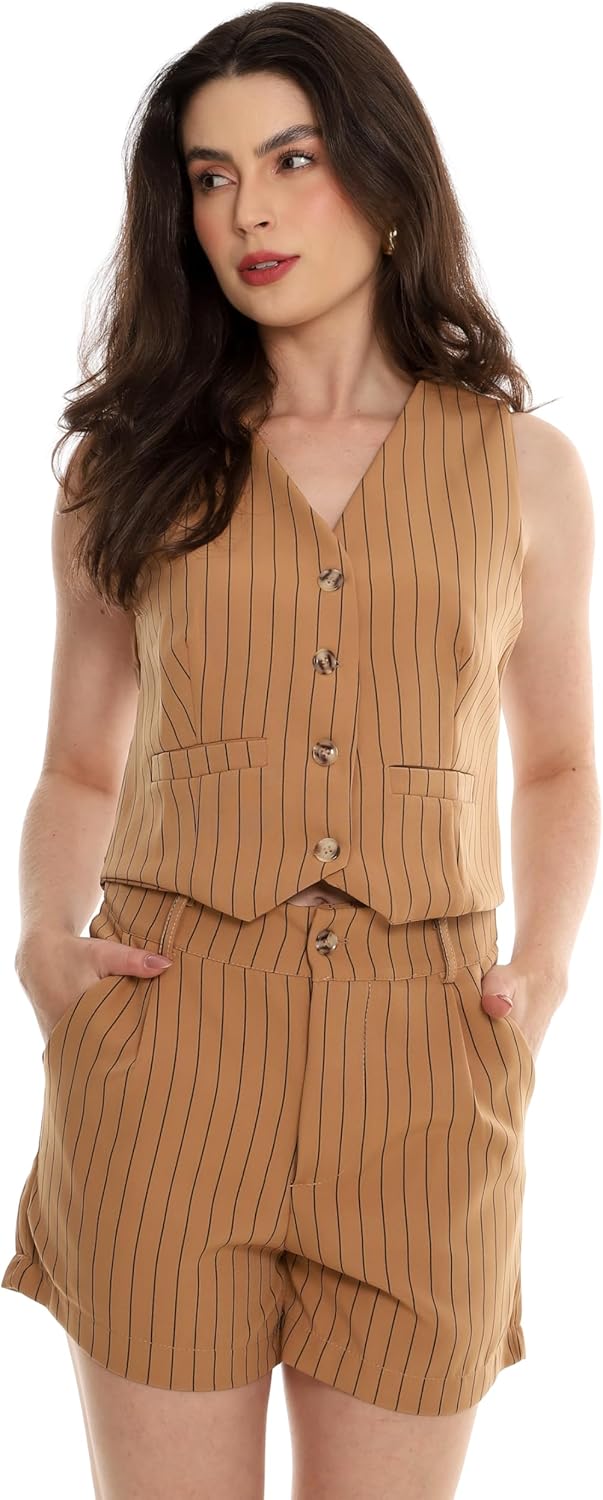 Conjunto Feminino Alfaiataria Listrado – Short e Colete com Botões Con-0068 Look Social Estiloso e Versátil