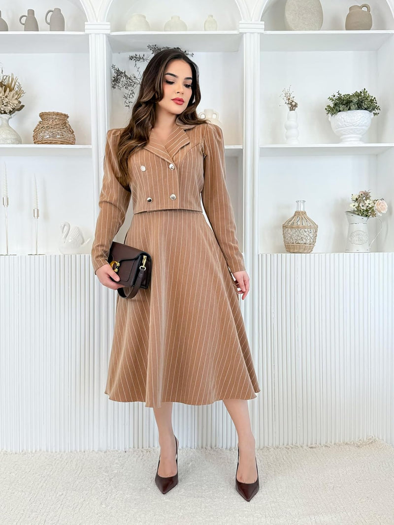 Conjunto Feminino Alfaiataria Risca de Giz Blazer Com Botões + Saia Midi