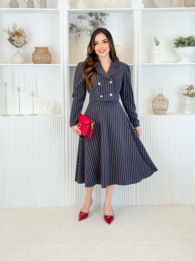 Conjunto Feminino Alfaiataria Risca de Giz Blazer Com Botões + Saia Midi