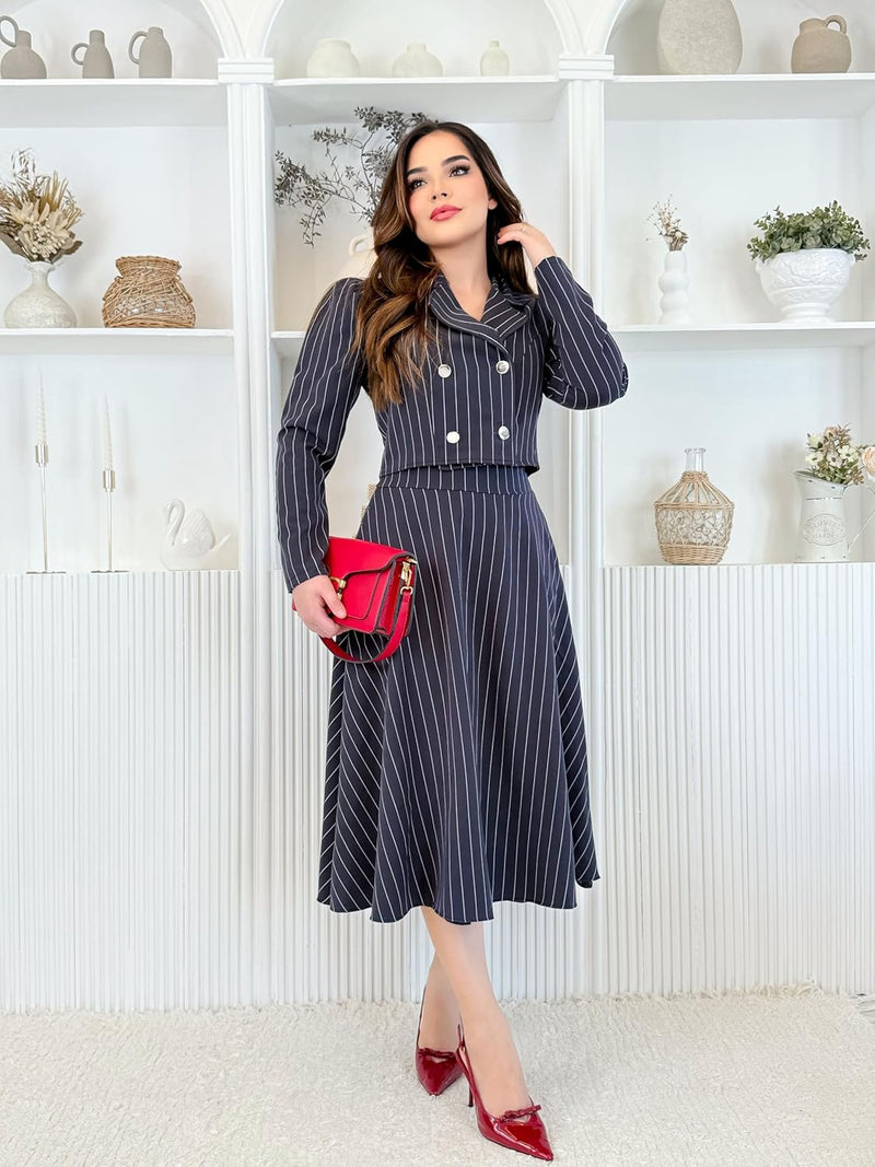 Conjunto Feminino Alfaiataria Risca de Giz Blazer Com Botões + Saia Midi