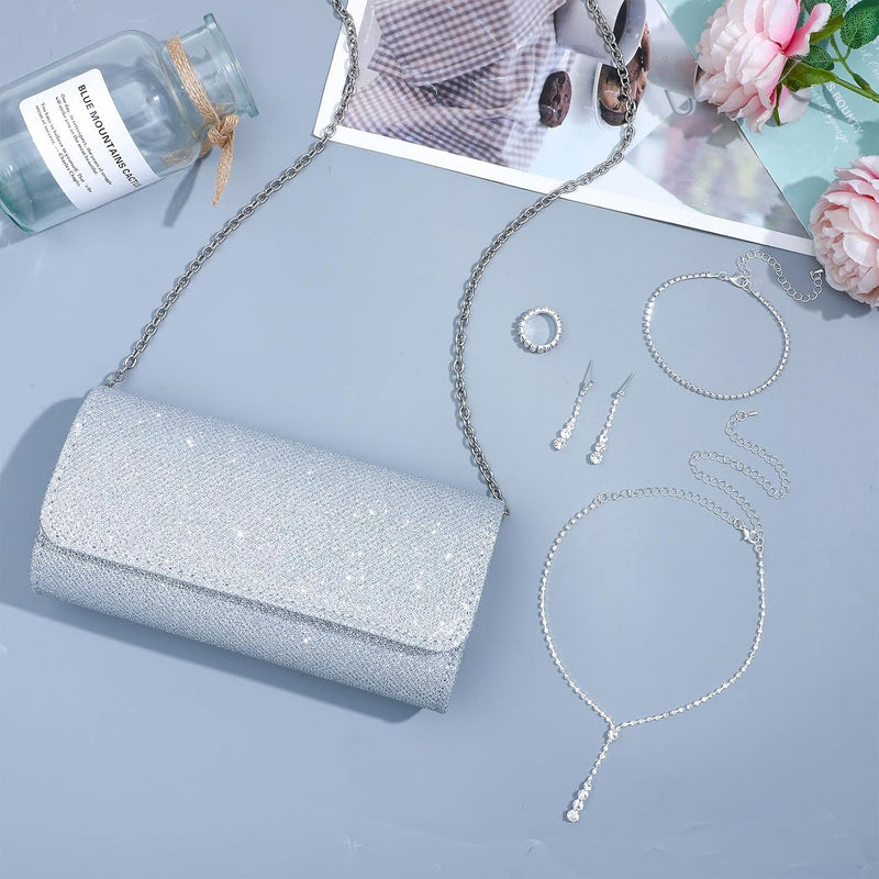 NEWITIN Conjunto de 5 peças de joias de strass para mulheres, joias de formatura, bolsa de embreagem de cristal, colares, pulseiras, brincos, conjunto de joias de prata para mulheres noivas