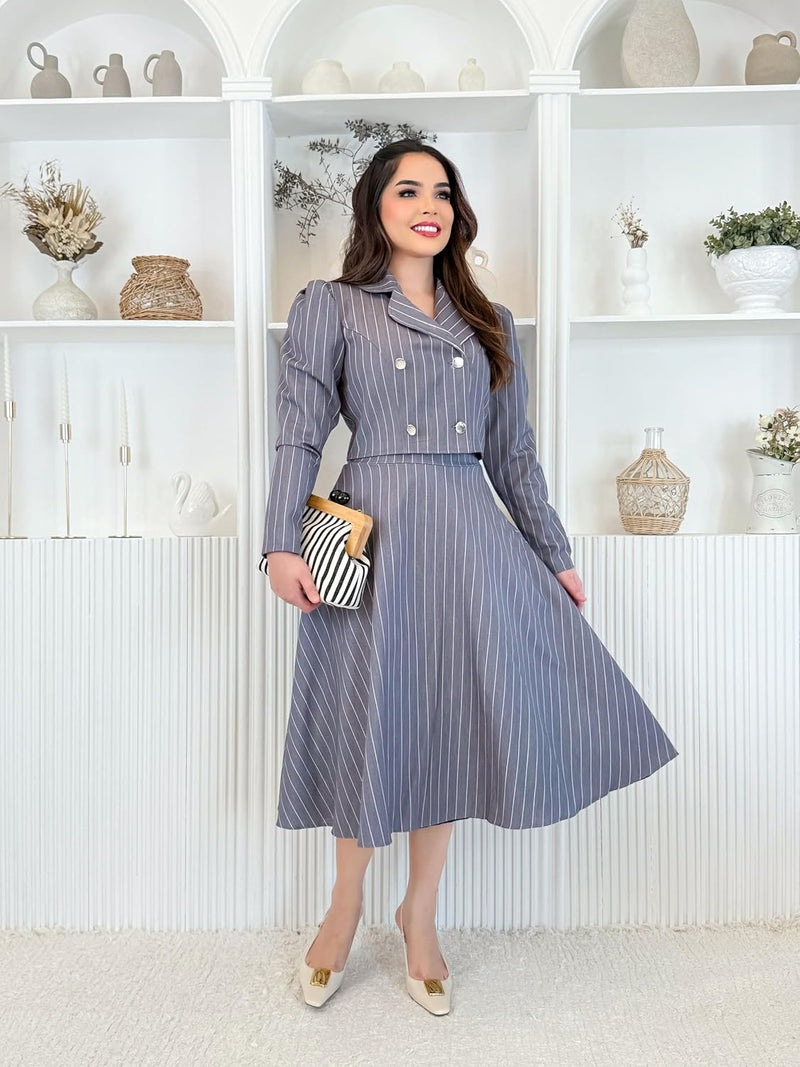 Conjunto Feminino Alfaiataria Risca de Giz Blazer Com Botões + Saia Midi