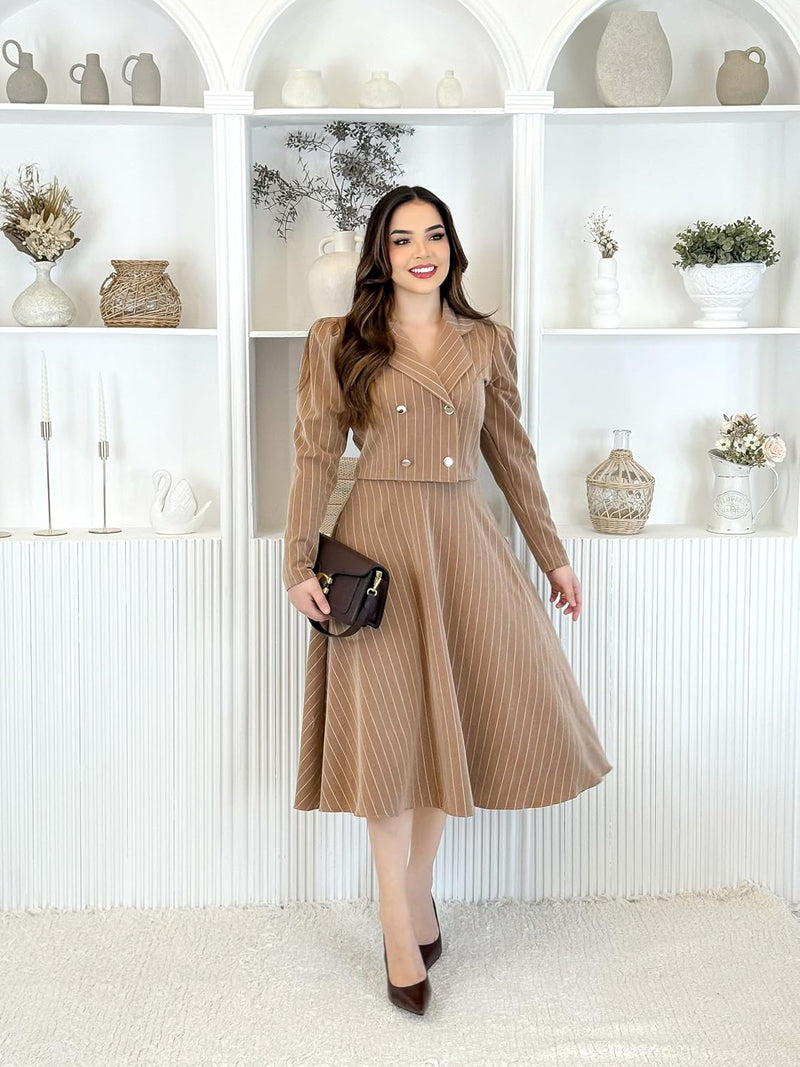 Conjunto Feminino Alfaiataria Risca de Giz Blazer Com Botões + Saia Midi