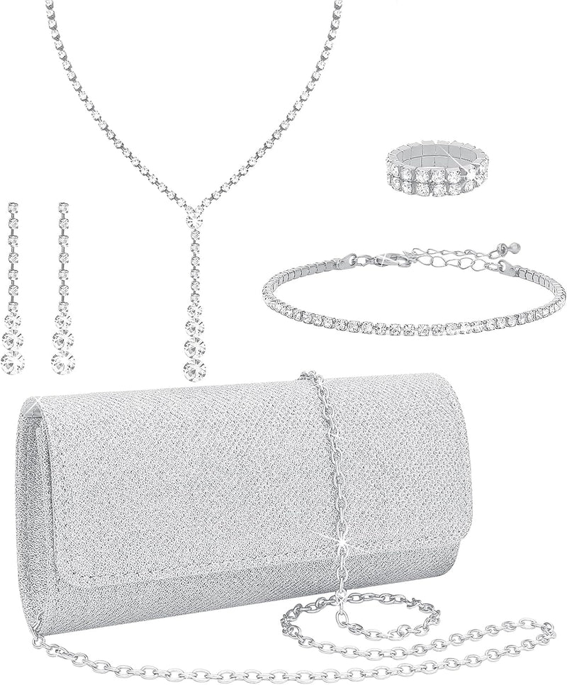 NEWITIN Conjunto de 5 peças de joias de strass para mulheres, joias de formatura, bolsa de embreagem de cristal, colares, pulseiras, brincos, conjunto de joias de prata para mulheres noivas