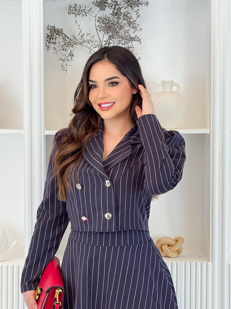 Conjunto Feminino Alfaiataria Risca de Giz Blazer Com Botões + Saia Midi