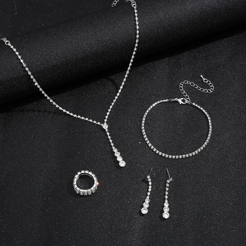 NEWITIN Conjunto de 5 peças de joias de strass para mulheres, joias de formatura, bolsa de embreagem de cristal, colares, pulseiras, brincos, conjunto de joias de prata para mulheres noivas