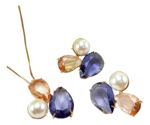 Conjunto De Colar E Brinco Com Cristal E Detalhe De Pérola