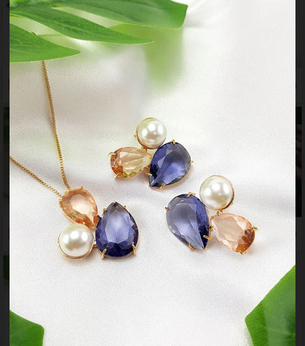 Conjunto De Colar E Brinco Com Cristal E Detalhe De Pérola