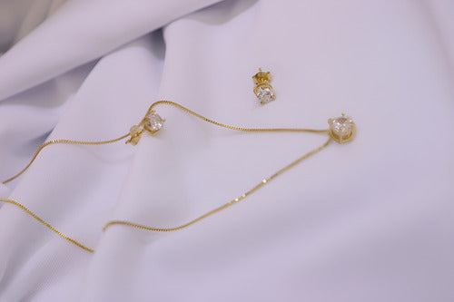 Brinco + Colar Ponto De Luz Banhado A Ouro 18k (4140)